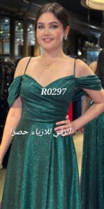 ⁦فستان سهرة كلوش ناعم بلمعة ثابتة R0297 اخضر⁩ - الصورة ⁦2⁩